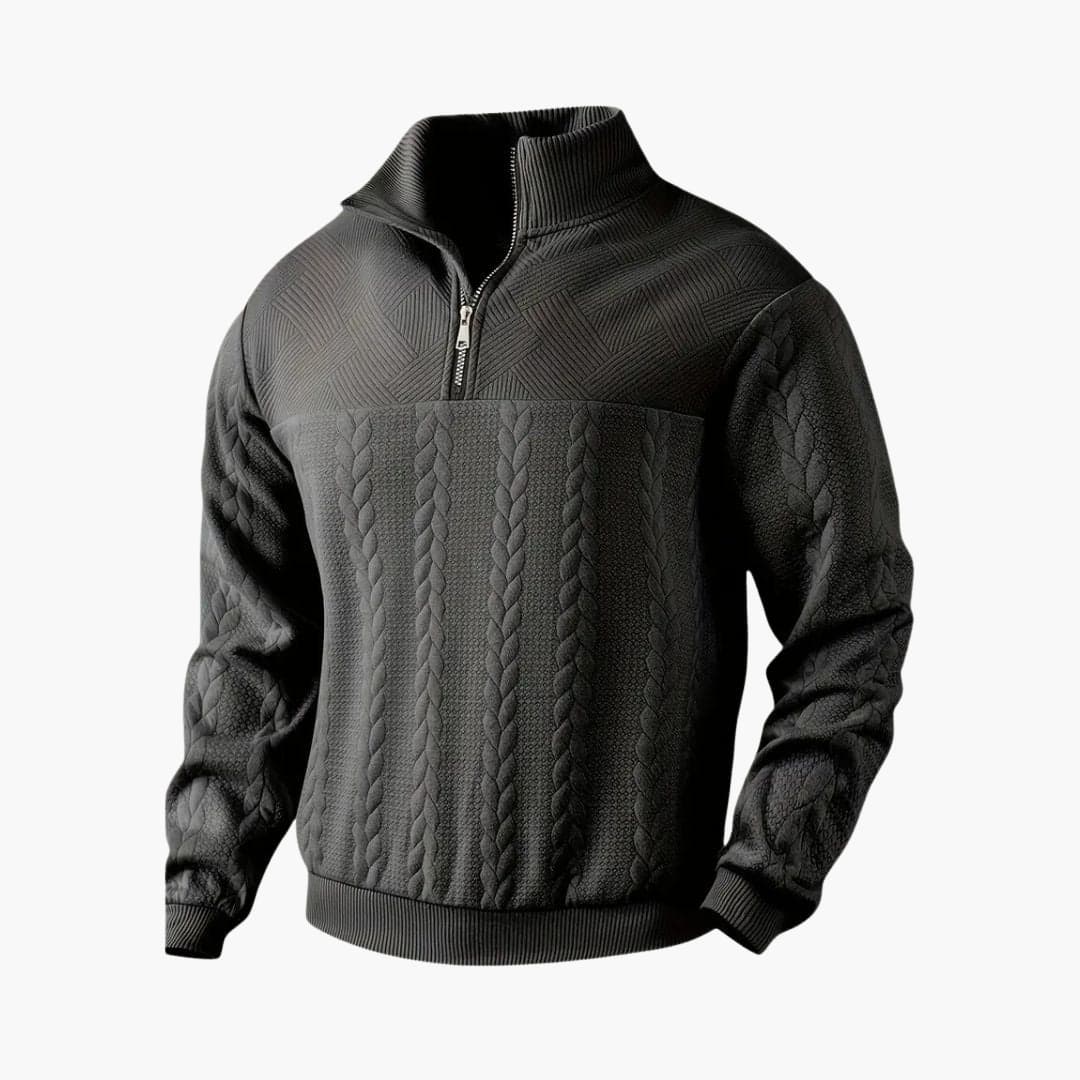 Trendig flätstickad herrtröja med halv dragkedja. Mångsidig pullover för män, perfekt för både vardag & fest.