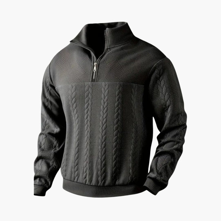Trendig flätstickad herrtröja med halv dragkedja. Mångsidig pullover för män, perfekt för både vardag & fest.