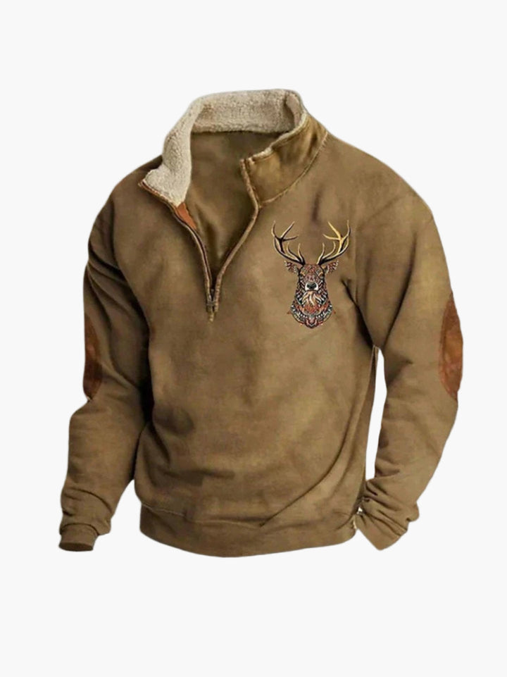 Herrtröja med kvartdragkedja och broderad hjort, perfekt för fritid och värme. Höst/vinter pullover.