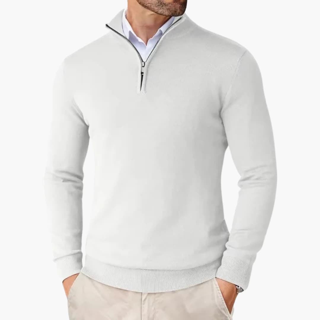 Randig herrtröja med kvartslång dragkedja. Mångsidig stickad pullover för en elegant vardagslook.