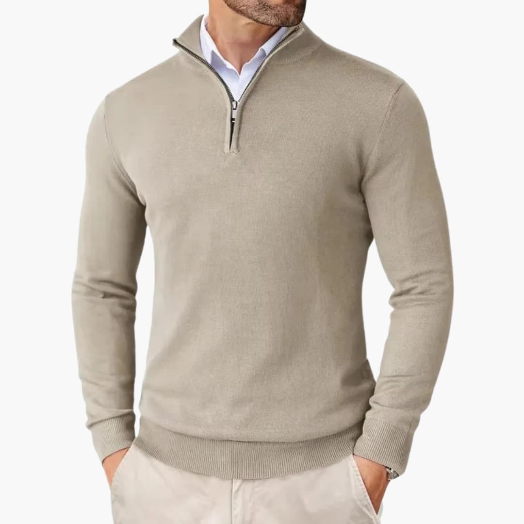 Herrtröja, stickad pullover med kvartslång dragkedja. Elegant vardagströja med ribbad fåll & komfort.
