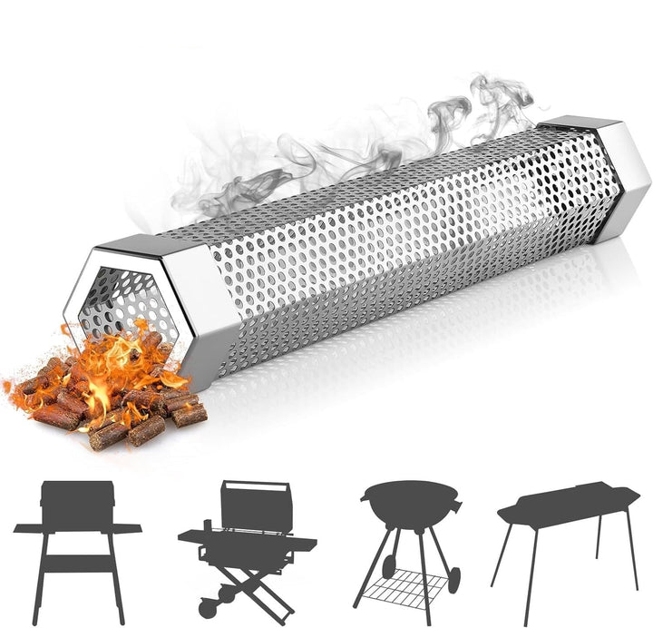 "Hexagonalt rökrör i rostfritt stål för grill, robust design, ger jämn rökutveckling för BBQ, kompatibel med alla grillar."