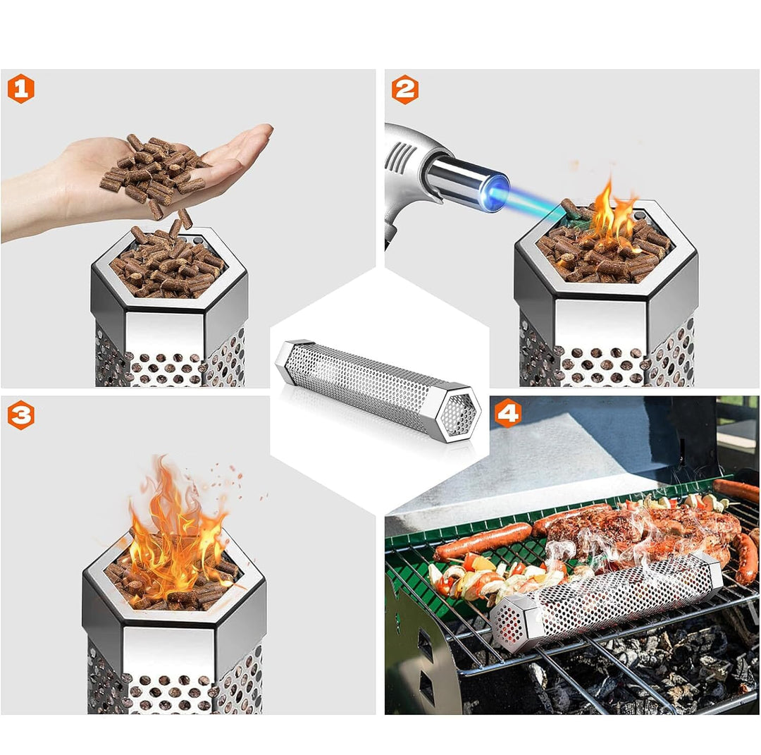 "Hexagonalt rökrör i rostfritt stål för grill, robust design, ger jämn rökutveckling för BBQ, kompatibel med alla grillar."