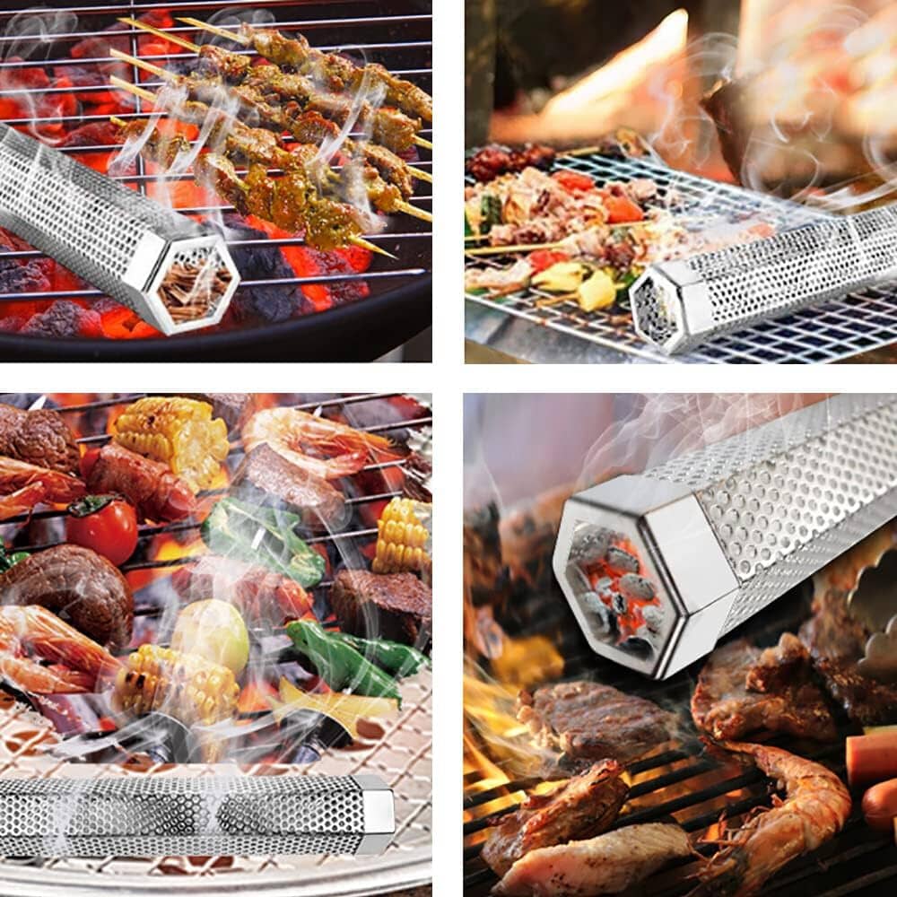 "Hexagonalt rökrör i rostfritt stål för grill, robust design, ger jämn rökutveckling för BBQ, kompatibel med alla grillar."