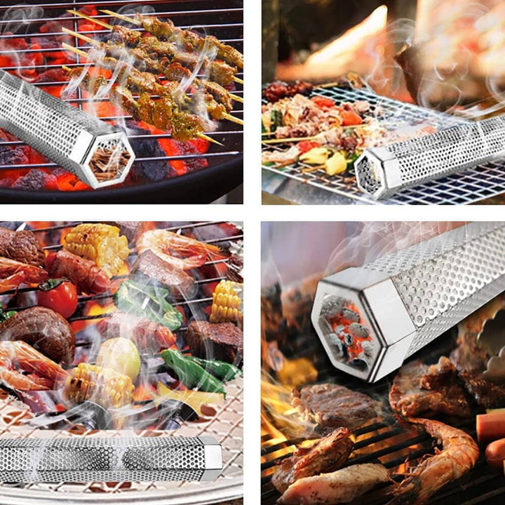 "Hexagonalt rökrör i rostfritt stål för grill, robust design, ger jämn rökutveckling för BBQ, kompatibel med alla grillar."