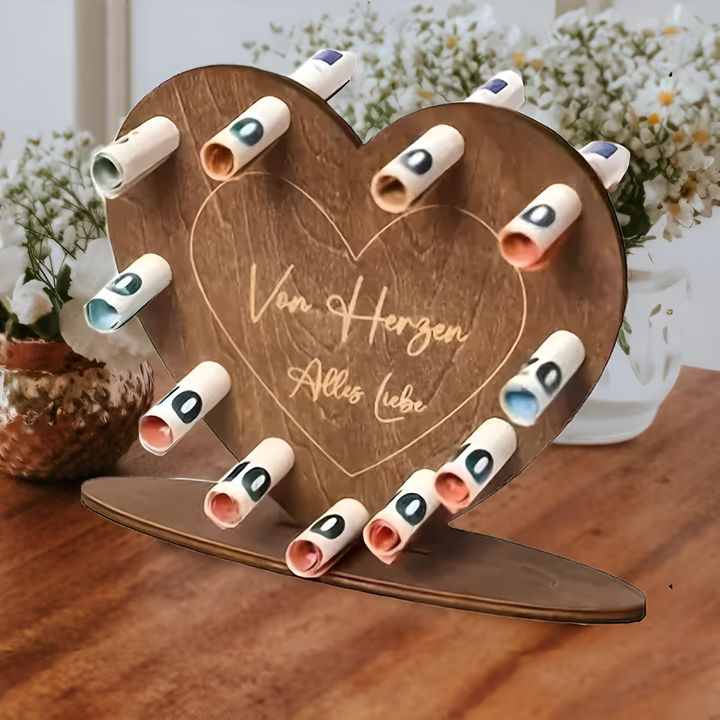 Hjärtformad presentask i trä för kärleksbrev, kontanter eller smycken; perfekt romantisk gåva till årsdag eller bröllop.