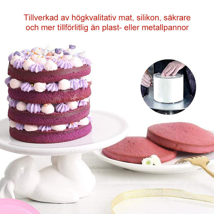 Hjärtformade silikon tårtformar i rosa och blå, perfekt för regnbågstårtor. Flexibla för enkel tårtuttagning.