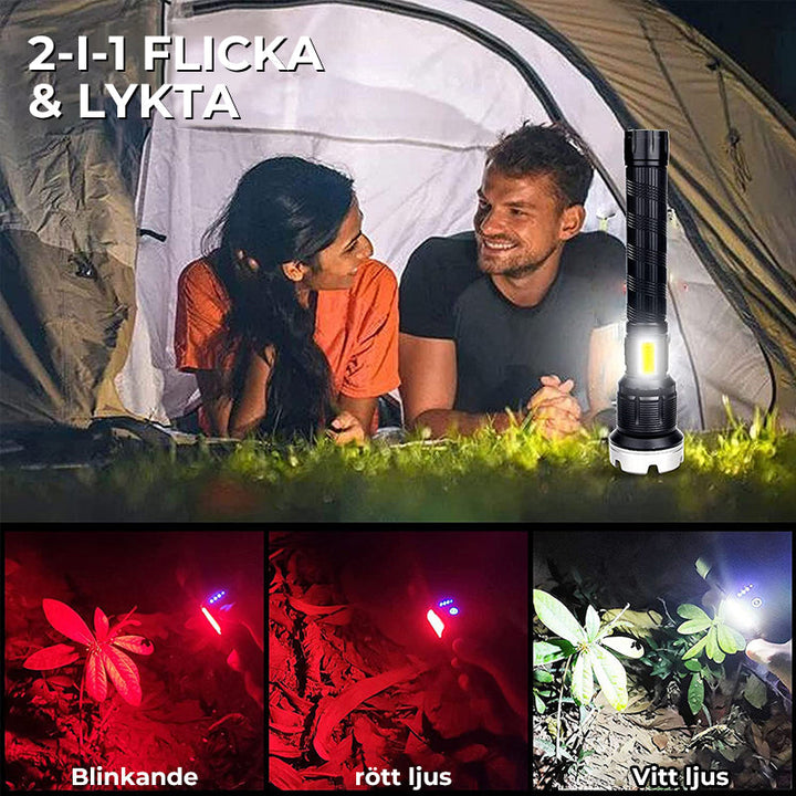 "Hög effekt LED-ficklampa med zoom, vattentålig aluminiumdesign, justerbart fokus, passar för camping och inspektioner."