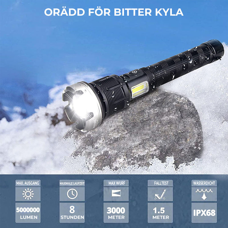 "Hög effekt LED-ficklampa med zoom, vattentålig aluminiumdesign, justerbart fokus, passar för camping och inspektioner."