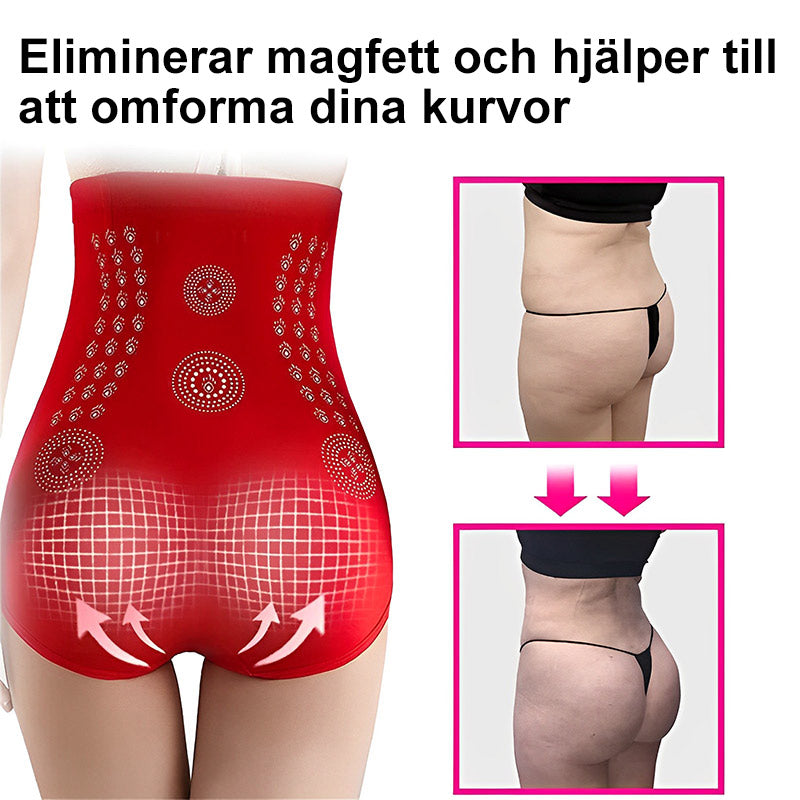 "Hög midja shapewear i nylon för kvinnor, finns i färgerna hud, svart och röd, med midjestöd och formande effekt."