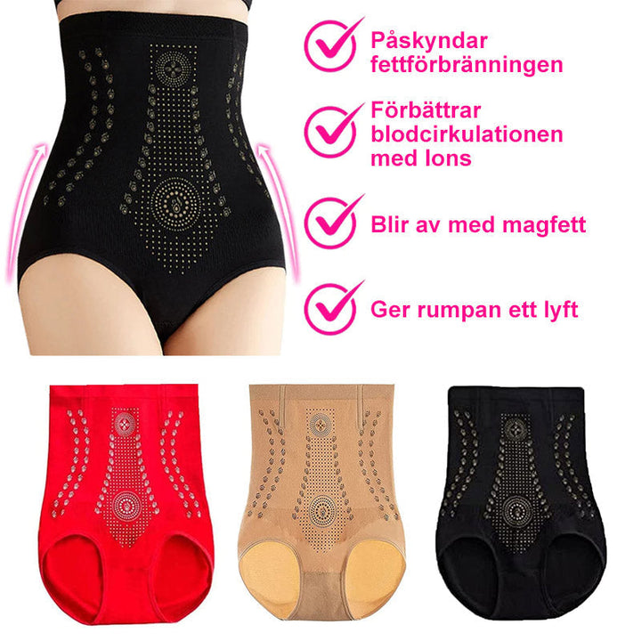 "Hög midja shapewear i nylon för kvinnor, finns i färgerna hud, svart och röd, med midjestöd och formande effekt."