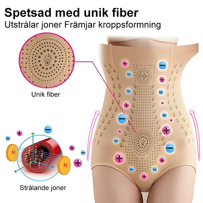 "Hög midja shapewear i nylon för kvinnor, finns i färgerna hud, svart och röd, med midjestöd och formande effekt."