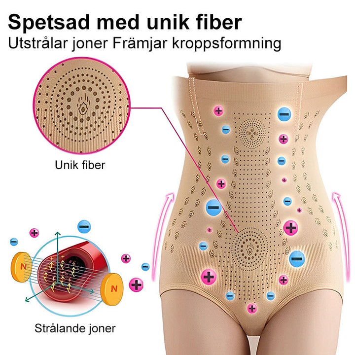 "Hög midja shapewear i nylon för kvinnor, finns i färgerna hud, svart och röd, med midjestöd och formande effekt."