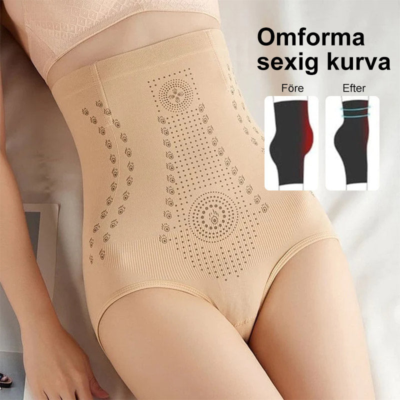 "Hög midja shapewear i nylon för kvinnor, finns i färgerna hud, svart och röd, med midjestöd och formande effekt."