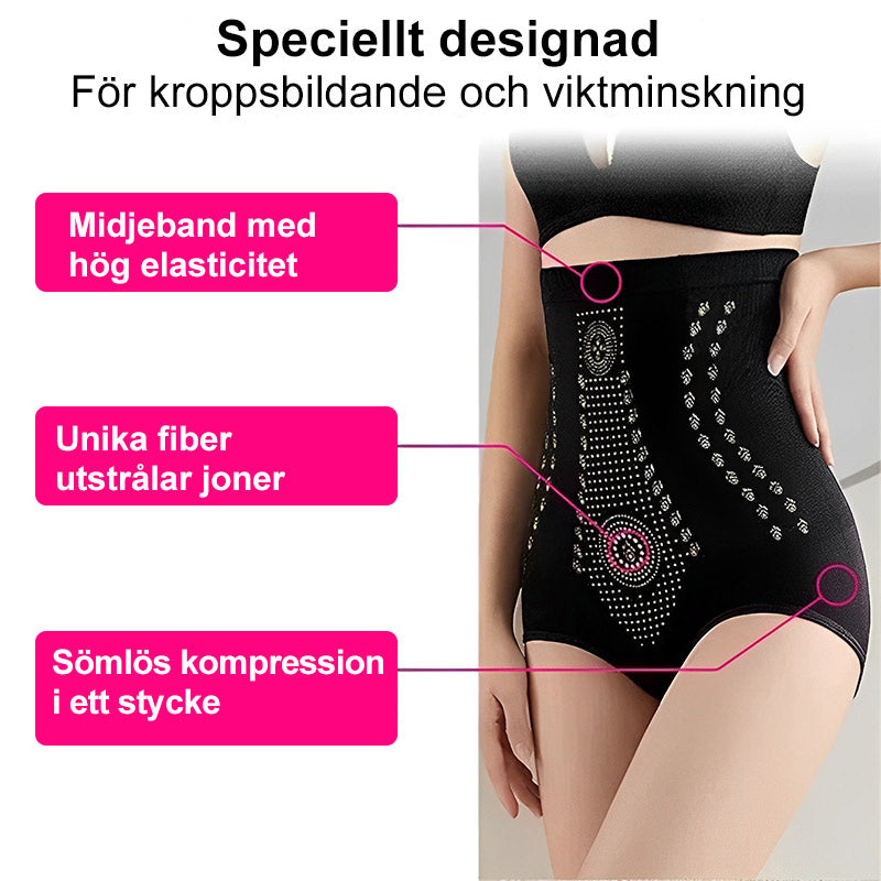 "Hög midja shapewear i nylon för kvinnor, finns i färgerna hud, svart och röd, med midjestöd och formande effekt."