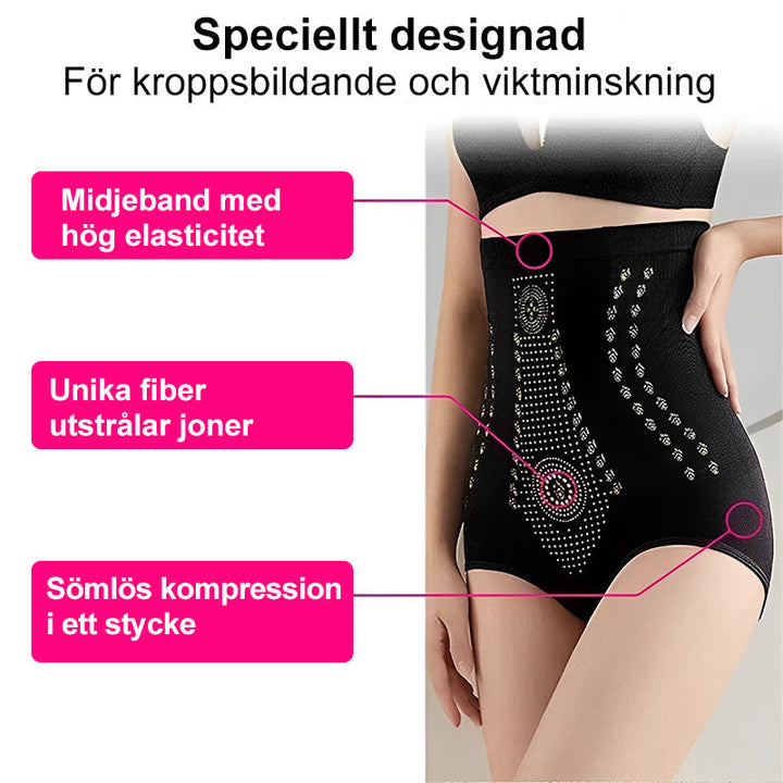 "Hög midja shapewear i nylon för kvinnor, finns i färgerna hud, svart och röd, med midjestöd och formande effekt."