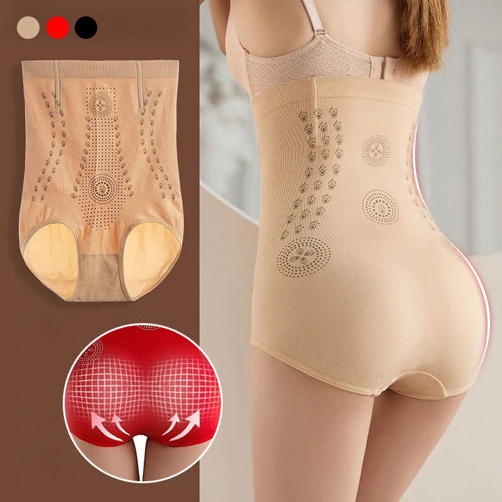 "Hög midja shapewear i nylon för kvinnor, finns i färgerna hud, svart och röd, med midjestöd och formande effekt."