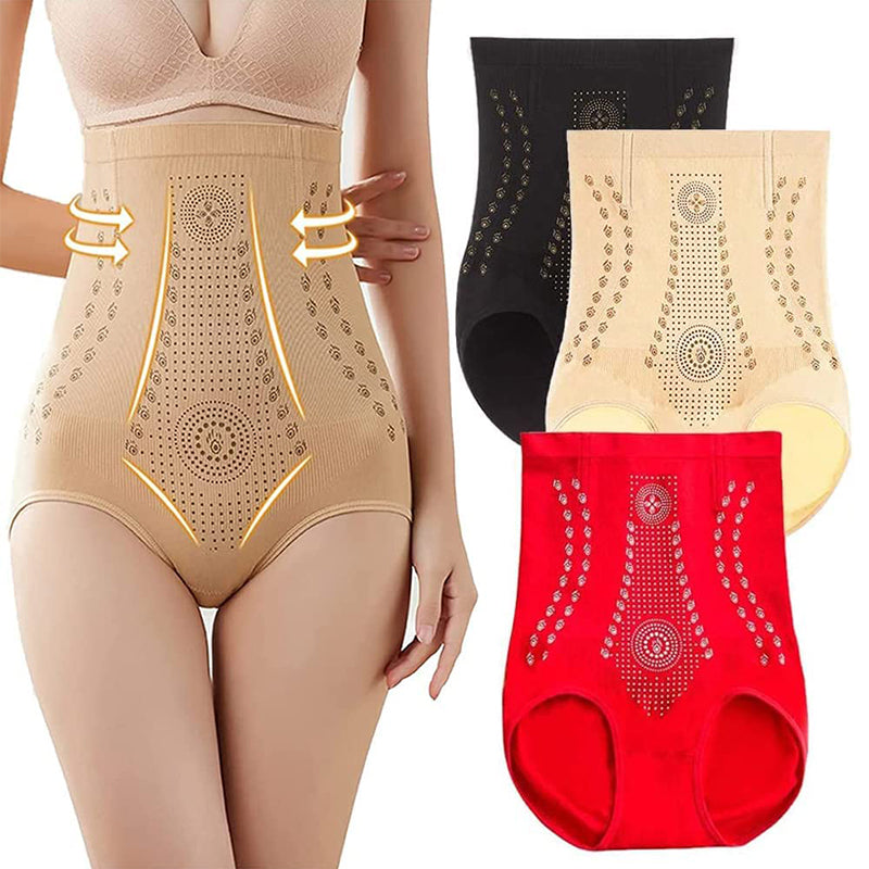 "Hög midja shapewear i nylon för kvinnor, finns i färgerna hud, svart och röd, med midjestöd och formande effekt."