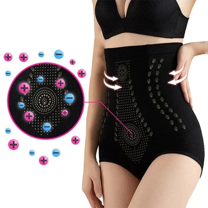 "Hög midja shapewear i nylon för kvinnor, finns i färgerna hud, svart och röd, med midjestöd och formande effekt."