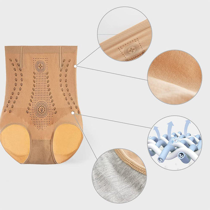"Hög midja shapewear i nylon för kvinnor, finns i färgerna hud, svart och röd, med midjestöd och formande effekt."