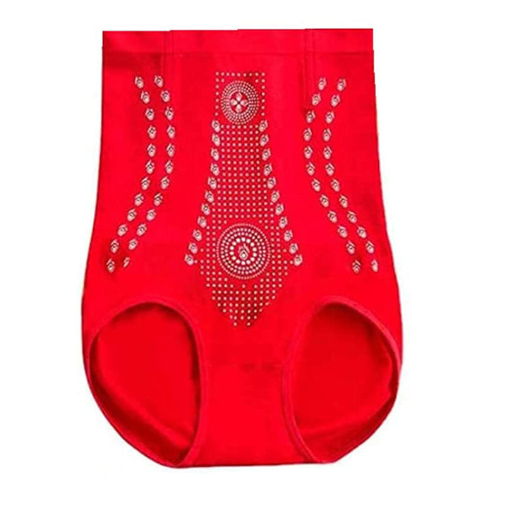 "Hög midja shapewear i nylon för kvinnor, finns i färgerna hud, svart och röd, med midjestöd och formande effekt."
