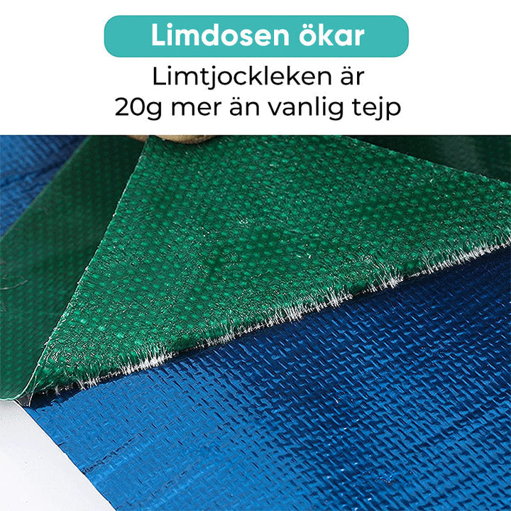 "Höghäftande väderbeständig presenningstejp för reparation, grå yta, rullad på kärna för pålitliga DIY-projekt."