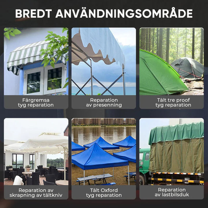 "Höghäftande väderbeständig presenningstejp för reparation, grå yta, rullad på kärna för pålitliga DIY-projekt."