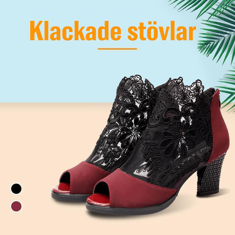 "Högklackade skor för damer i spets och PU, elegant spetsmönster, bekväm chunky klack, perfekt för vardag och fest."