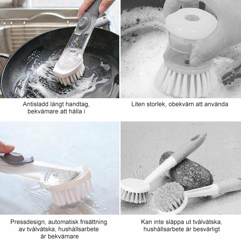 "Högkvalitativ grå och grön diskborste med utbytbara huvuden, ergonomiskt handtag, perfekt för köksrengöring."