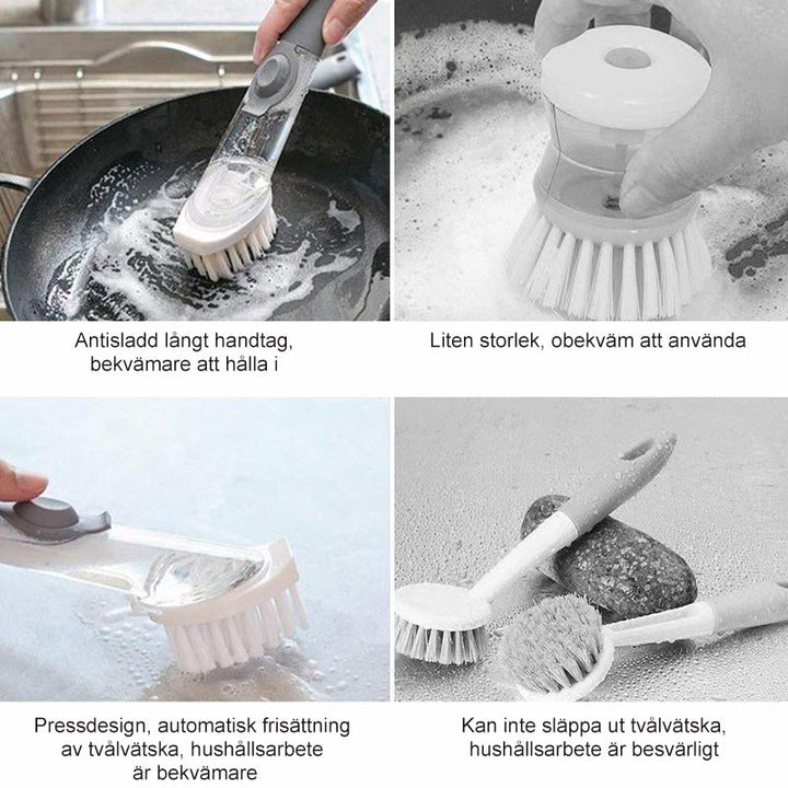 "Högkvalitativ grå och grön diskborste med utbytbara huvuden, ergonomiskt handtag, perfekt för köksrengöring."