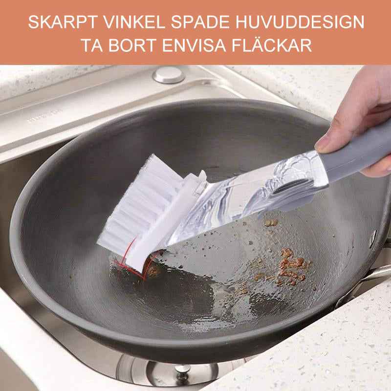 "Högkvalitativ grå och grön diskborste med utbytbara huvuden, ergonomiskt handtag, perfekt för köksrengöring."