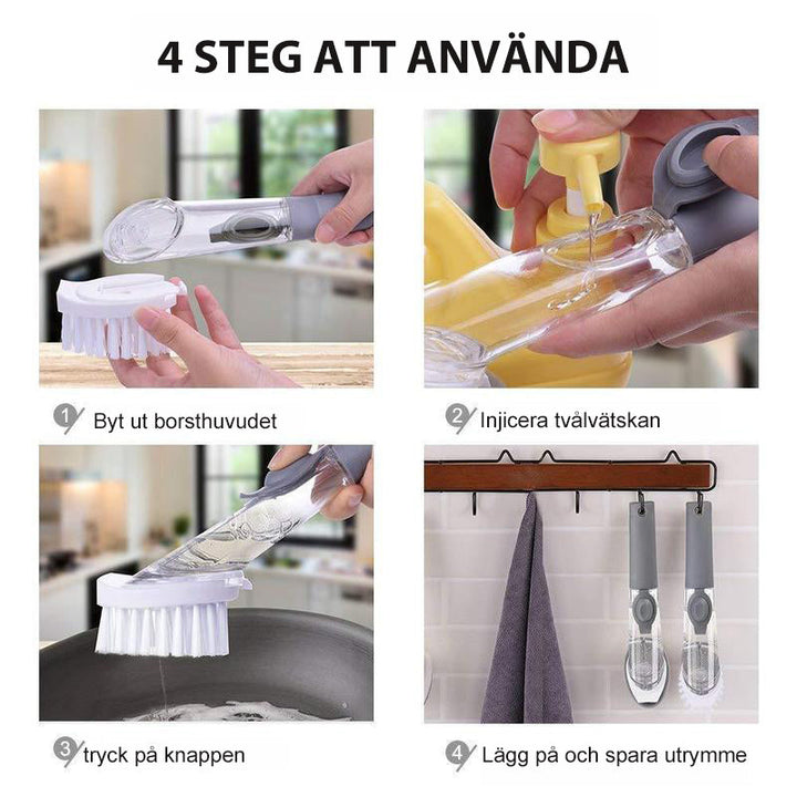 "Högkvalitativ grå och grön diskborste med utbytbara huvuden, ergonomiskt handtag, perfekt för köksrengöring."