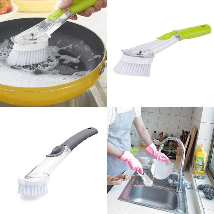 "Högkvalitativ grå och grön diskborste med utbytbara huvuden, ergonomiskt handtag, perfekt för köksrengöring."