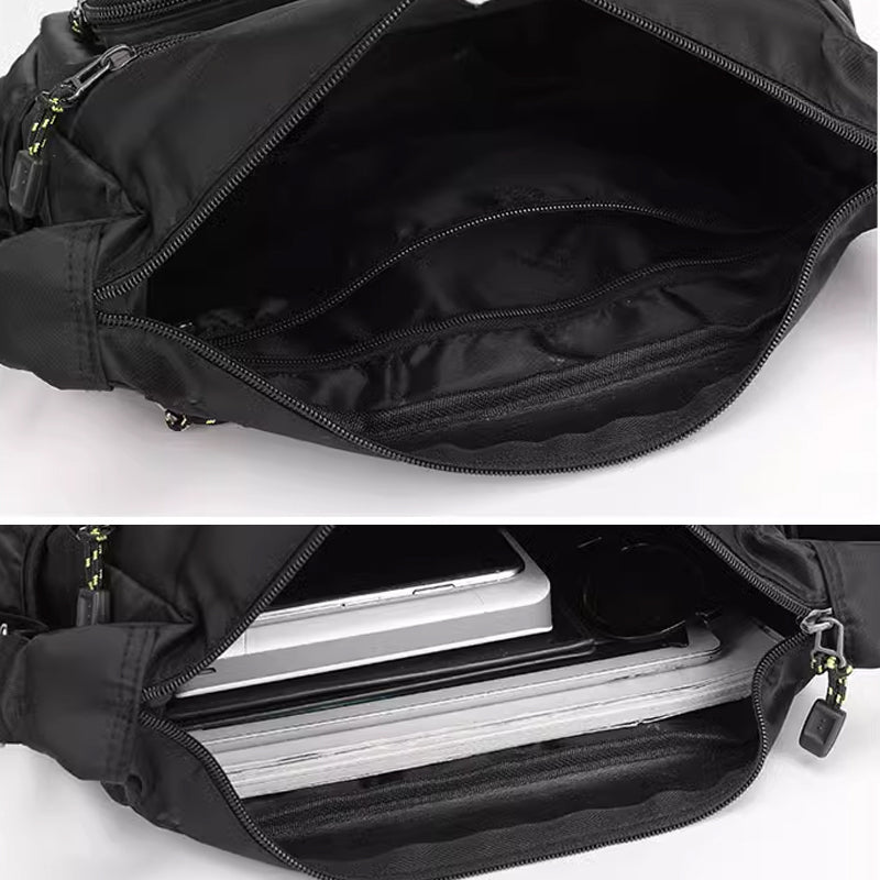 "Högkvalitativ svart axelväska för män med flera fickor, justerbara remmar och vattentät yta, sedd bakifrån."