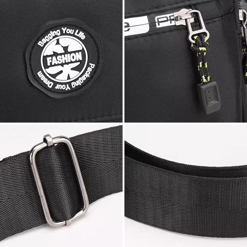 "Högkvalitativ svart axelväska för män med flera fickor, justerbara remmar och vattentät yta, sedd bakifrån."