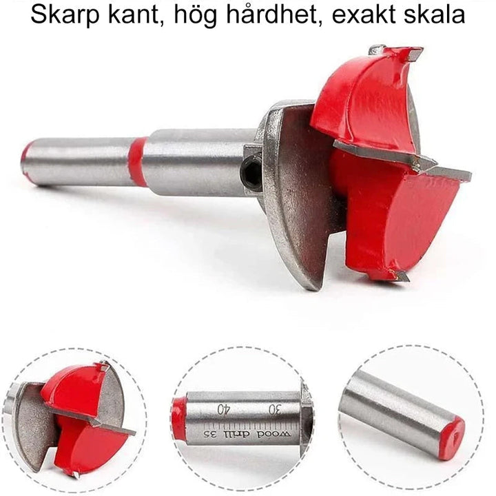 "Högkvalitativ träborrsats för exakt borrning i trä och plast; skarpa blad, robust design, olika storlekar."