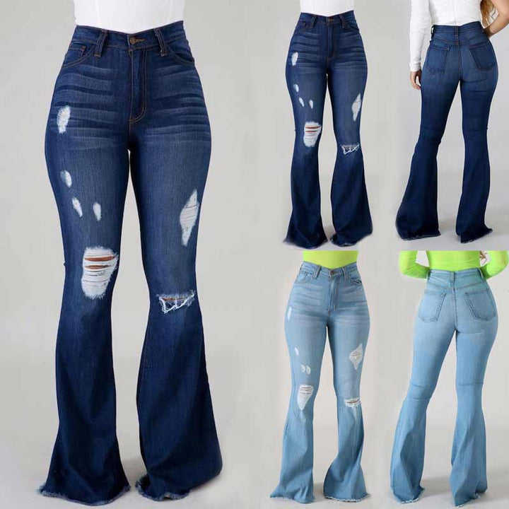"Högmidjade damjeans med utsvängda ben och slitna detaljer, trendig siluett för moderiktig stil och komfort."