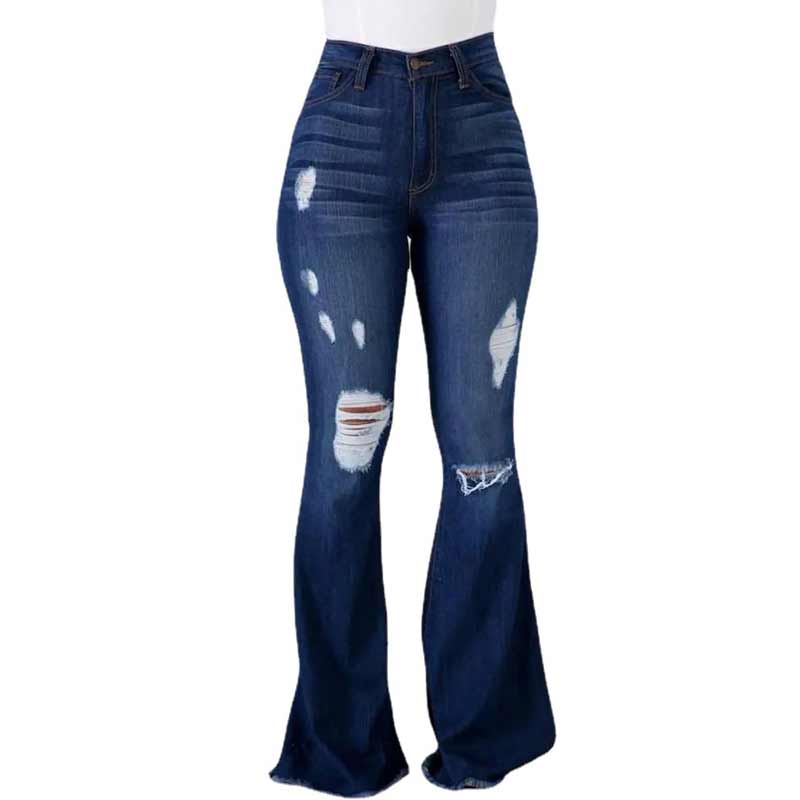 "Högmidjade damjeans med utsvängda ben och slitna detaljer, trendig siluett för moderiktig stil och komfort."