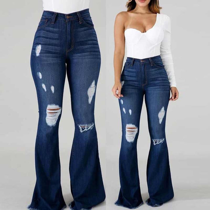"Högmidjade damjeans med utsvängda ben och slitna detaljer, trendig siluett för moderiktig stil och komfort."