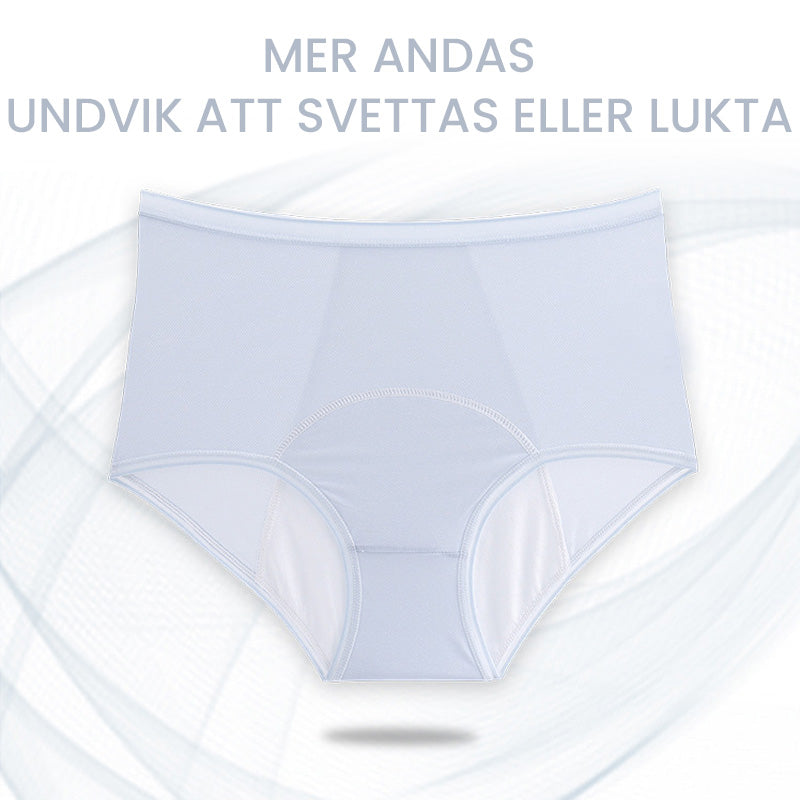 "Högmidjade läckagesäkra damtrosor, mjukt tyg, bred täckning, optimal komfort för menstruationsskydd, svart färg."