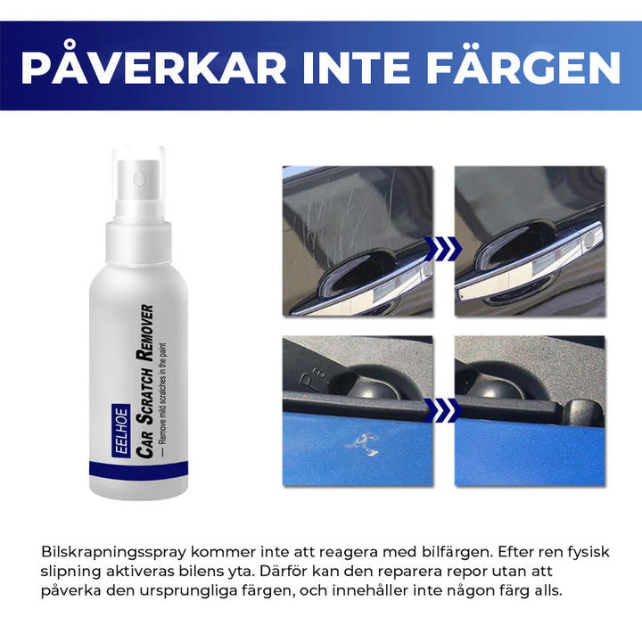"Högteknologisk repborttagningsspray för bilar, visar sprayflaska och bil med glänsande yta efter applicering."
