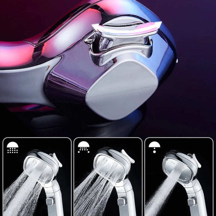 "Högtryck duschhuvud i roséguld med fyra spraylägen för en lyxig duschupplevelse och enkel installation."