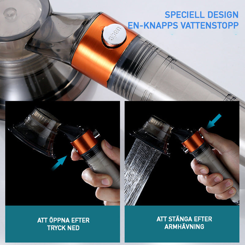 "Högtrycks handhållet duschhuvud med filtersystem, silverfinish, förbättrar vattenflödet och renar vatten för mjukare dusch."