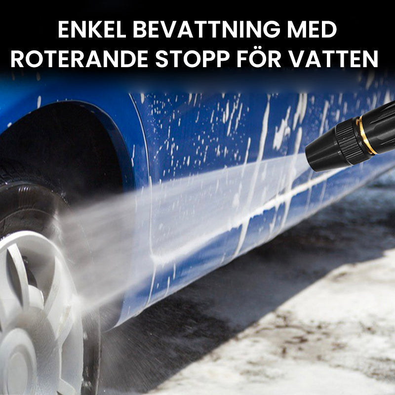 "Högtrycks-vattenspruta med metallmunstycke, svart, justerbar för rengöring och bevattning, robust och hållbar design."