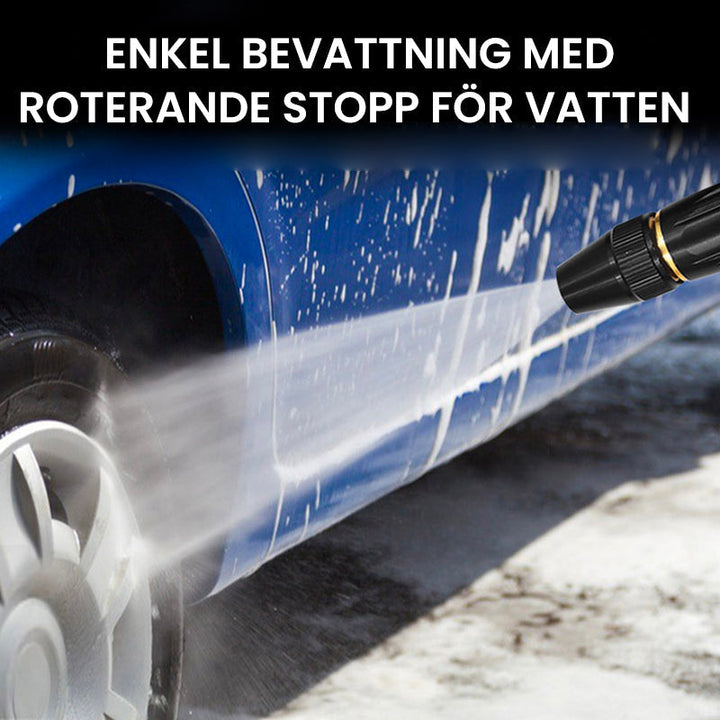 "Högtrycks-vattenspruta med metallmunstycke, svart, justerbar för rengöring och bevattning, robust och hållbar design."
