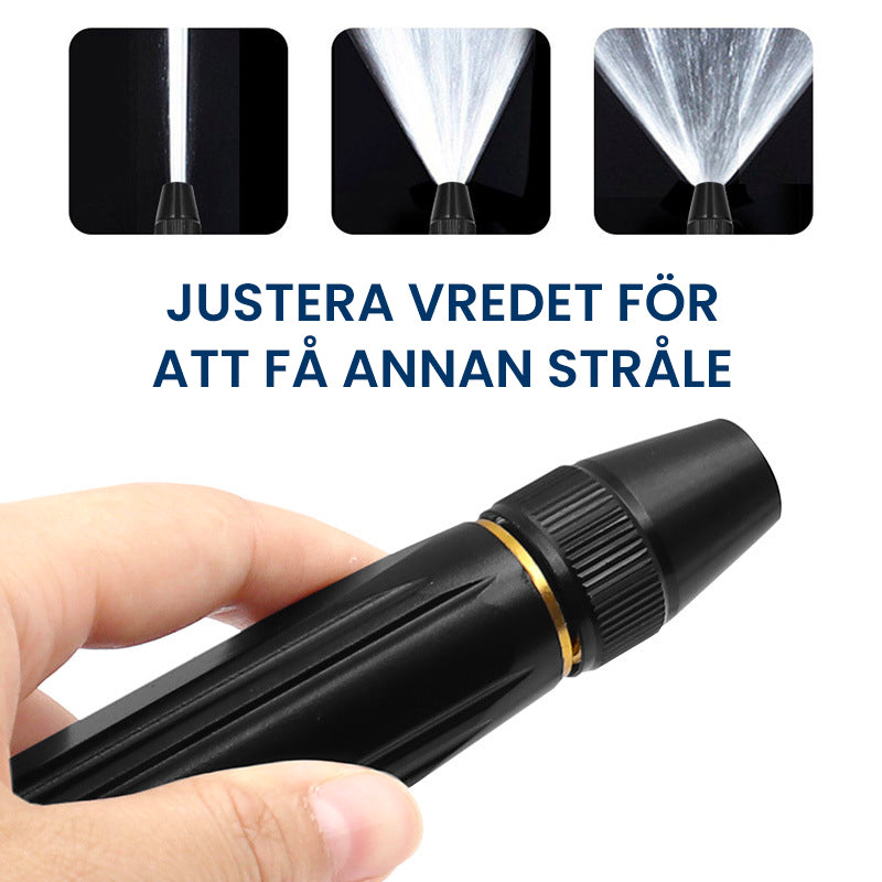 "Högtrycks-vattenspruta med metallmunstycke, svart, justerbar för rengöring och bevattning, robust och hållbar design."