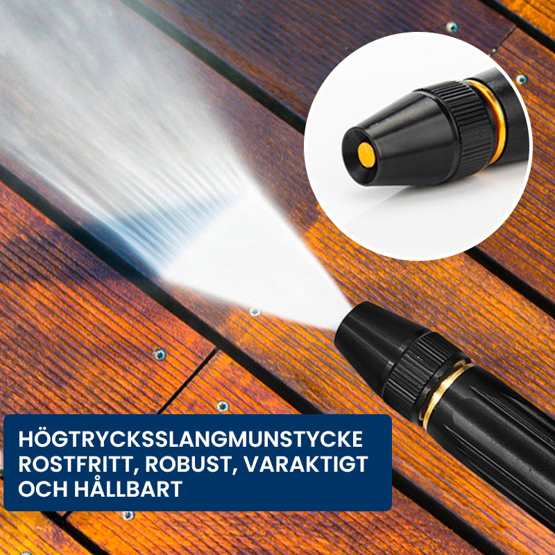 "Högtrycks-vattenspruta med metallmunstycke, svart, justerbar för rengöring och bevattning, robust och hållbar design."