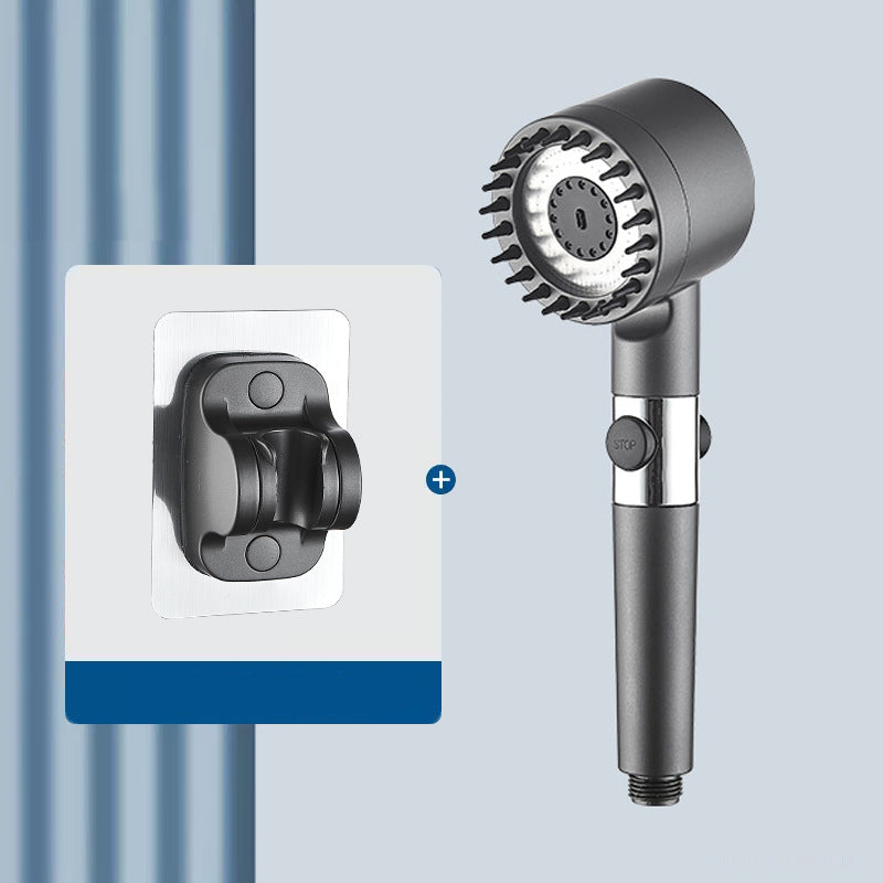 Högtrycksduschhuvud i grå ABS, tre lägen, modern design, kompakt och hållbart. Front view, liknar en hårtork.