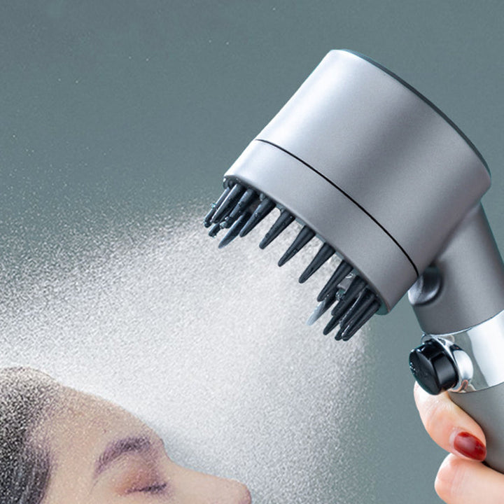 Högtrycksduschhuvud i grå ABS, tre lägen, modern design, kompakt och hållbart. Front view, liknar en hårtork.
