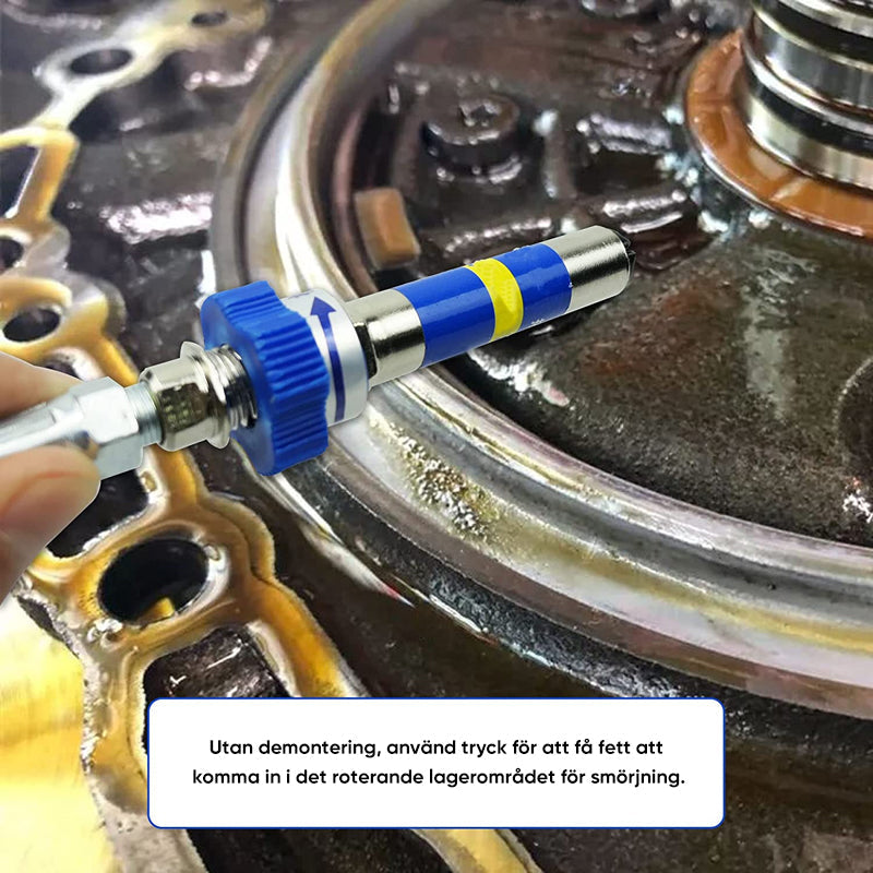 "Högtrycksmunstycke för smörjnipplar, ergonomisk design i metall, perfekt för exakt smörjning i trånga utrymmen."
